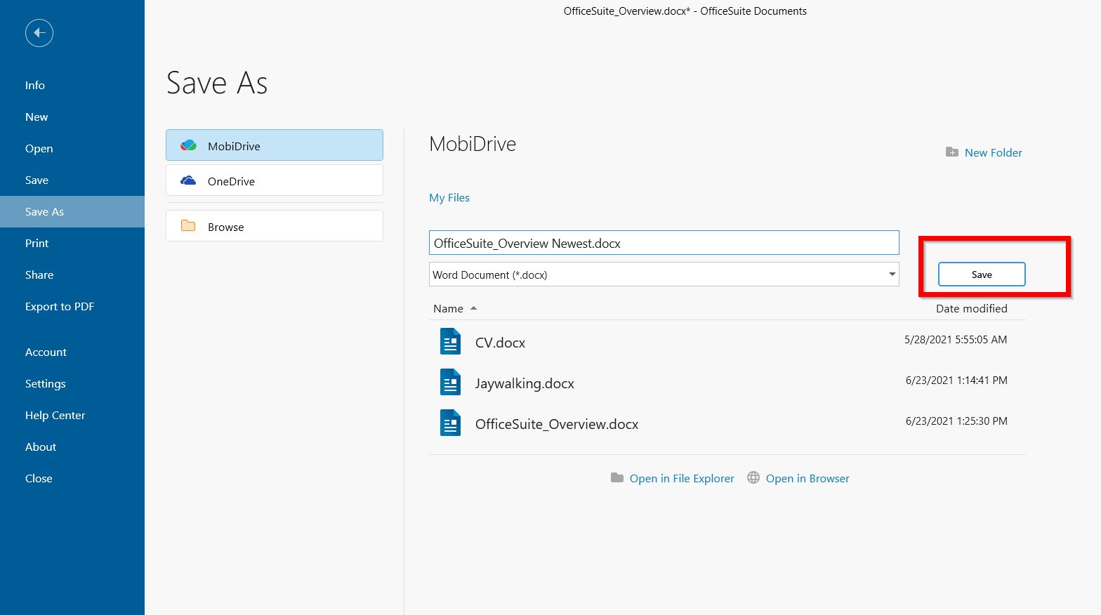 Save or close files in Documents OfficeSuite
